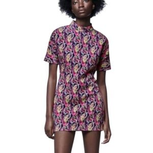 Zara Paisley Baroque Print Mock Neck Bodycon Mini Dress Fuchsia Purple Size S